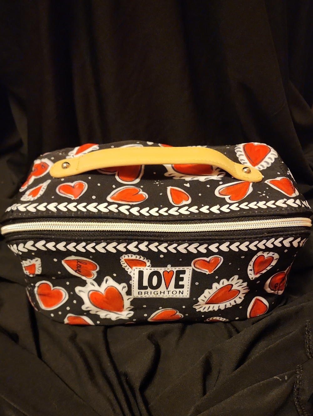 Brighton Black Cosmetic Case with Red Heart Print and Tan Handle
